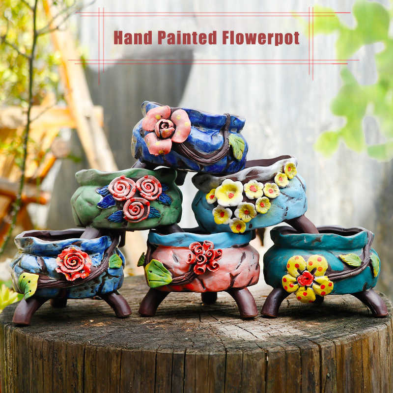 

Korean Style Succulent Plants Pot Flowerpot Hand Painted Flowerpot Ceramic Breathable Planter Container Home Garden Decor 210615