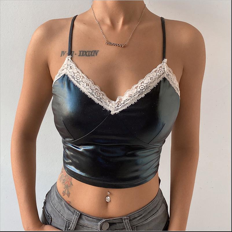 

women cami camisole summer lace leather patchwork sleeveless solid color v neck crop fashion casual camis, White