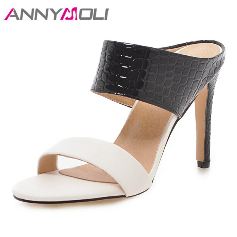

Slippers ANNYMOLI Women Shoes Summer Stiletto Heel Super High Heels Open Toe Slides Female Sandals White Large Size 33-46, Black