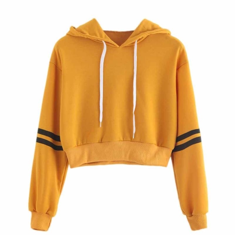 

Women's Fashion Sweatshirt Women Varsity-Striped Drawstring Crop Hoodie Sweatshirt Jumper Crop Pullover Tops drop 210518, Yellow