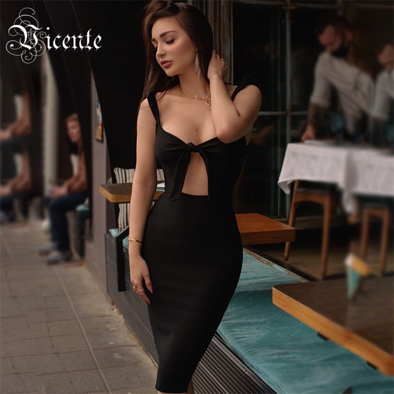 

Trendy Ruffles Straps Bow Knot Design Sexy Waist Hollow Out Celebrity Party Club Bandage Dress 210520, Black