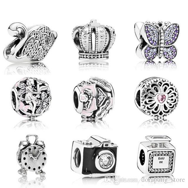 

Genuine S925 Sterling Silver Fit Pandora Swan Crown Perfume Bead Love Heart Blue Turquoise Crysta Charm For Bracelet DIY Beads Charms, Black