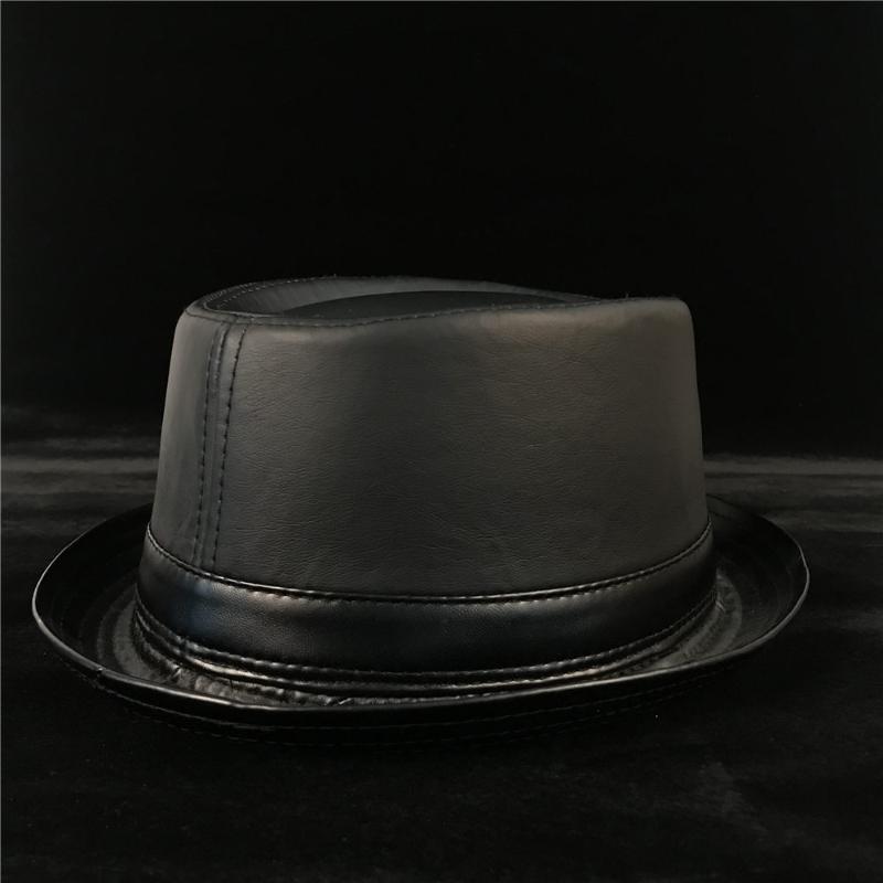 

100% Leather Balck Men Pork Pie Hat For Dad Fedora Fasgion Gentleman Flat Bowler Porkpie Jazz Size S M L XL Wide Brim Hats, Black