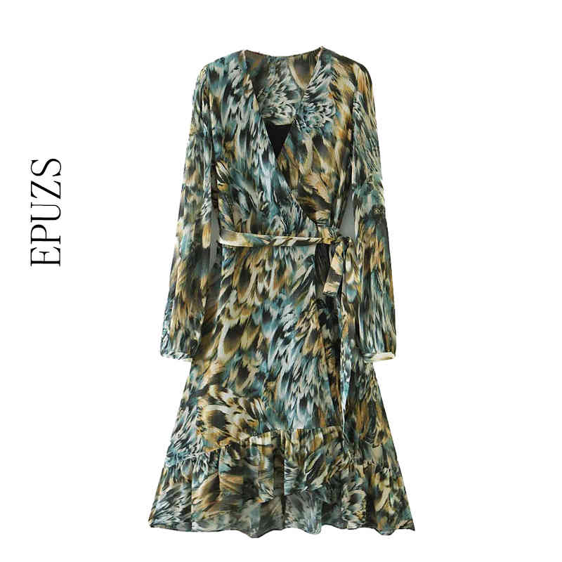 

ZA vintage flore Printed midi Dress women V-neck long sleeve dress elegant beach boho summer Vestidos 210521, Green