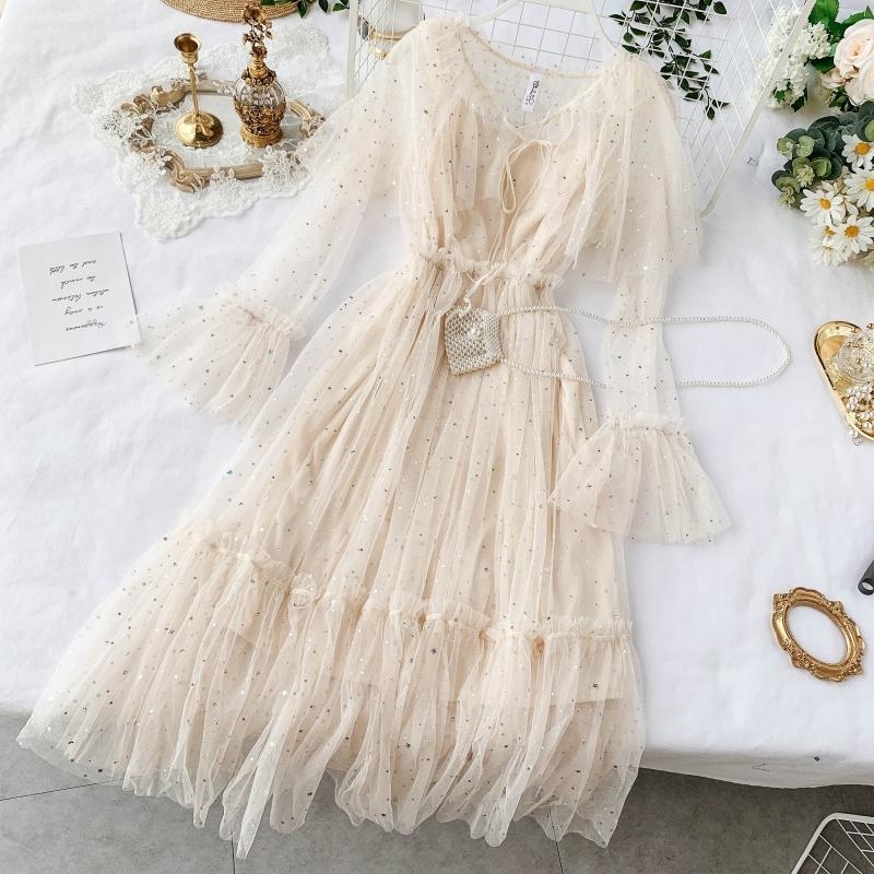 

Spring Summer Dres Slim High Waisted Sweet Mesh es Korean Ladies Long Sleeve Elegant Bling Tulle Robe Femme 210602