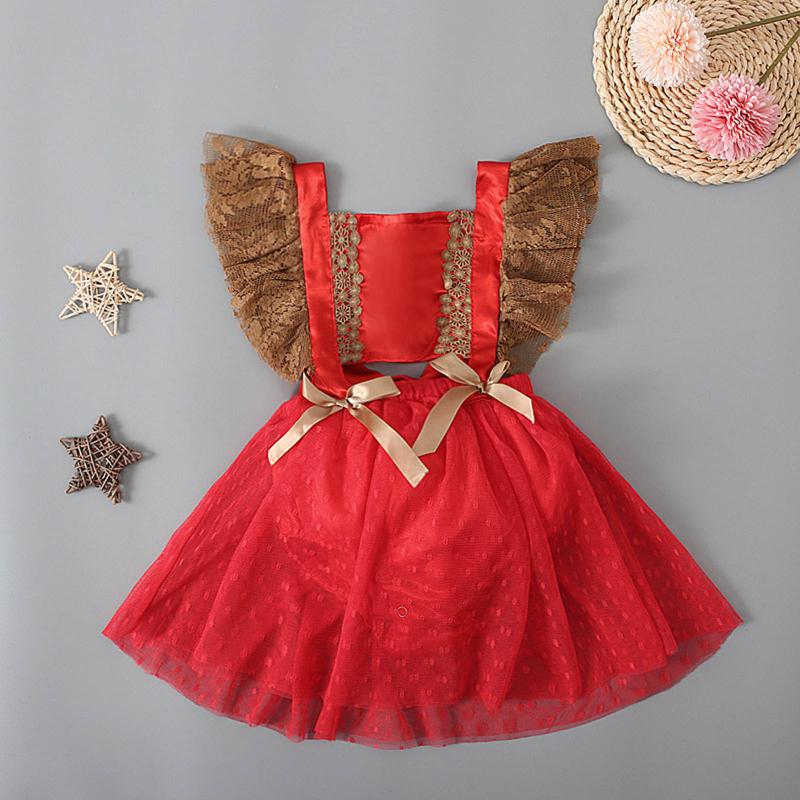 

Girl's Dresses Baby Girls Red Dress Small Flying Sleeves Bowknot Net Gauze One-piece Christmas For Girl Clothes Vestidos