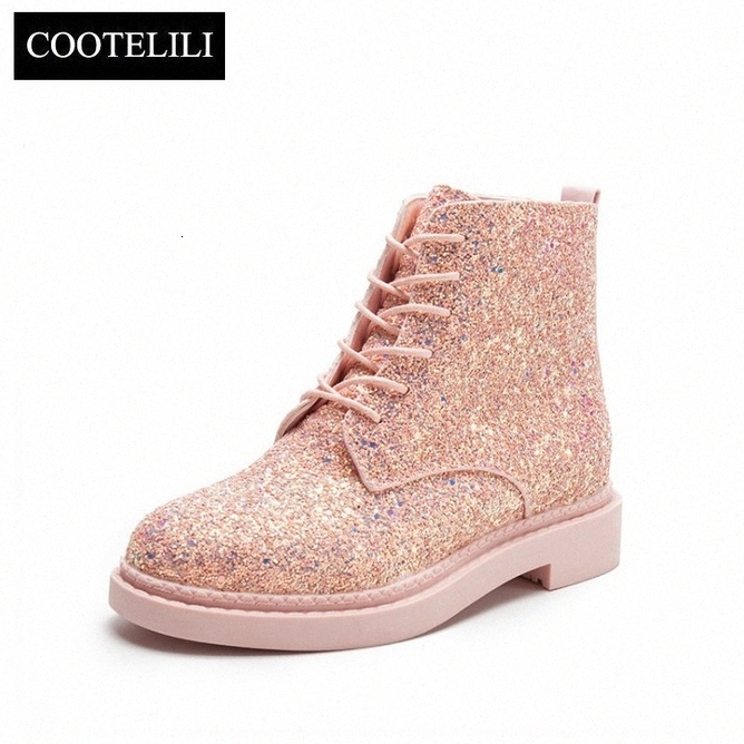 

COOTELILI Spring Women Ankle Boots Flat Heels Sequins Shoes Woman Casual Botines Mujer Lace Up White Booties Black Plus Size 40 O8_bar