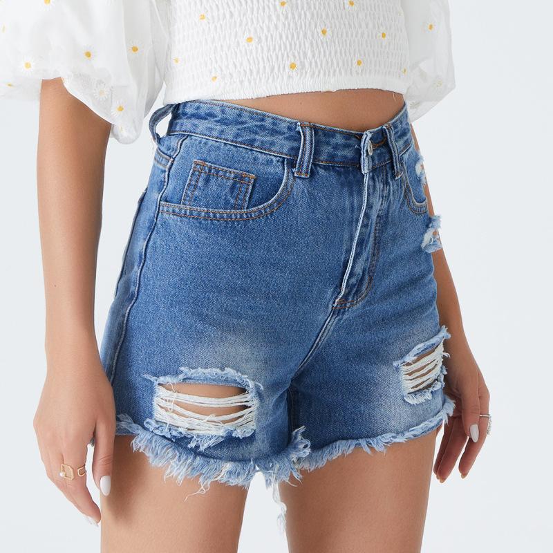 

Women's Shorts Summer Arrival Vintage Hole Denim Women Sexy Ripped High Waist Frayed 2021 Casual Slim Burr Blue Cowboy