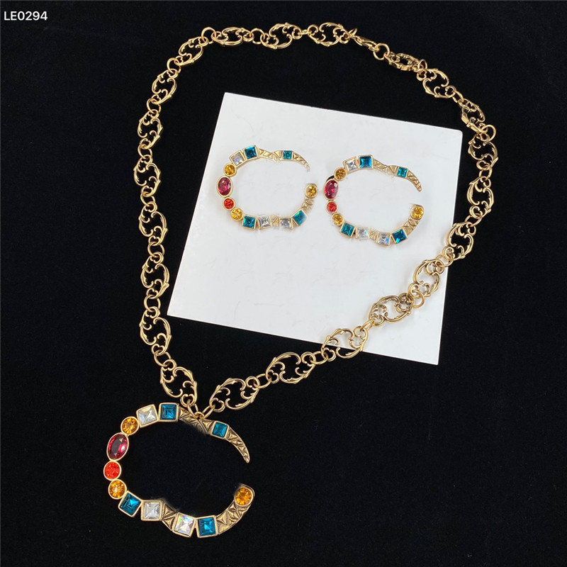 

Vintage Colored Rhinestone Necklace Earrings Double Letter Designer Women Diamond Jewelry Sets Europe America Style Studs Gift, As pic