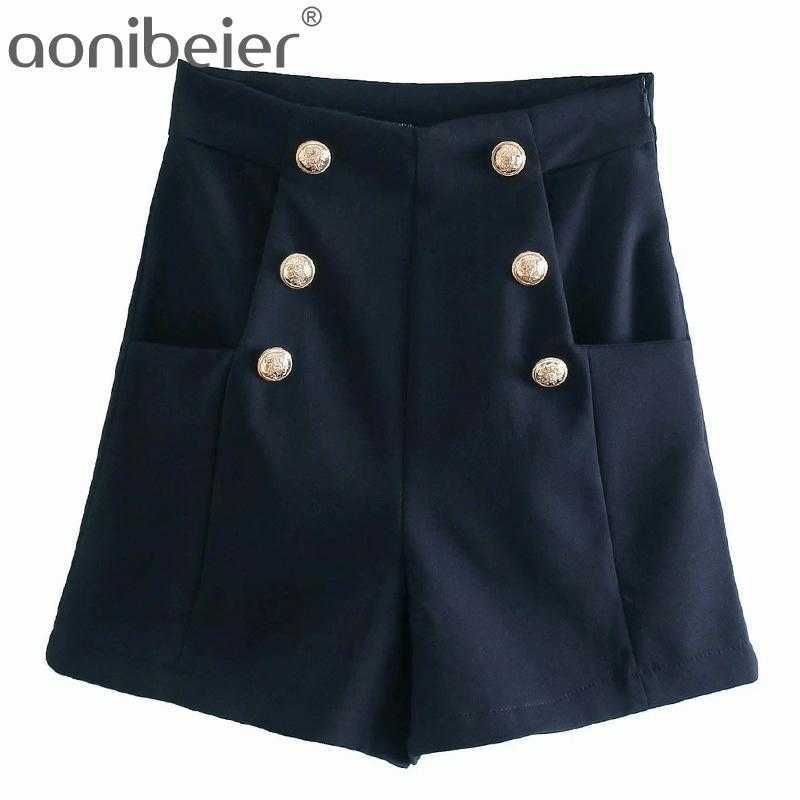 

Double Breasted Button Decoration Women Shorts High Waist Side Zipper Patch Pocket Female Casual Straight 210604, Navy shorts