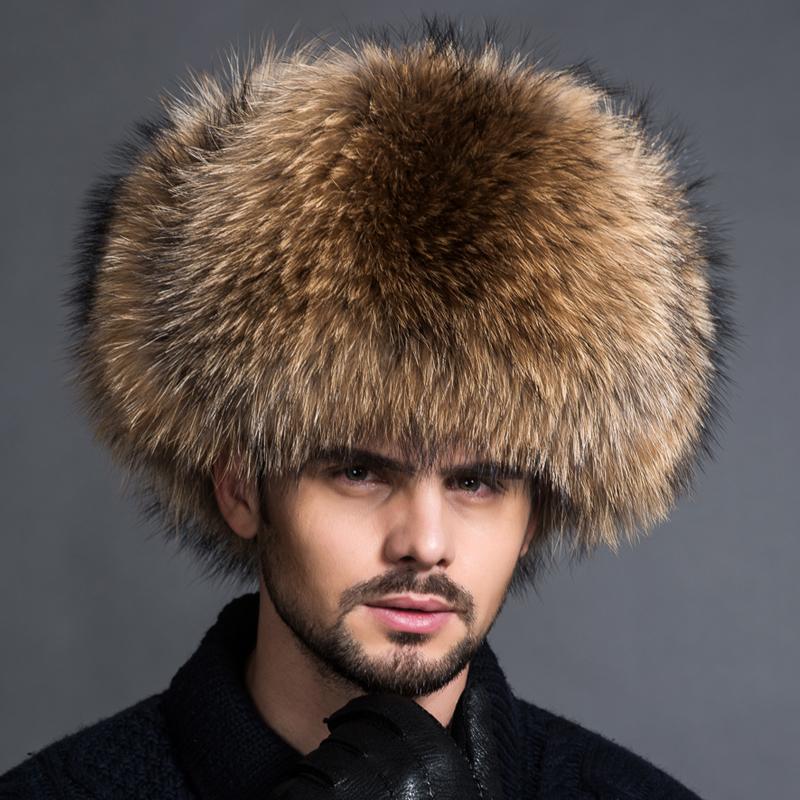 

Berets Winter Men's Real Raccoon Fur Hat Warm Bomber Leather Ear Warmer Caps Trapper Russian Man Thicken Ski Hats, White