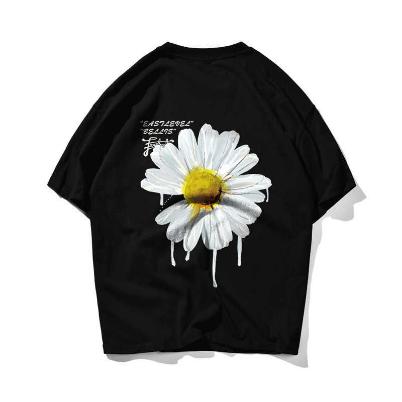

White Daisy Hip Hop Oversize T Shirt Men Streetwear American Painted Tshirt Short Sleeve Cotton Loose T-Shirt Couple Chrysanthem 210603, Black