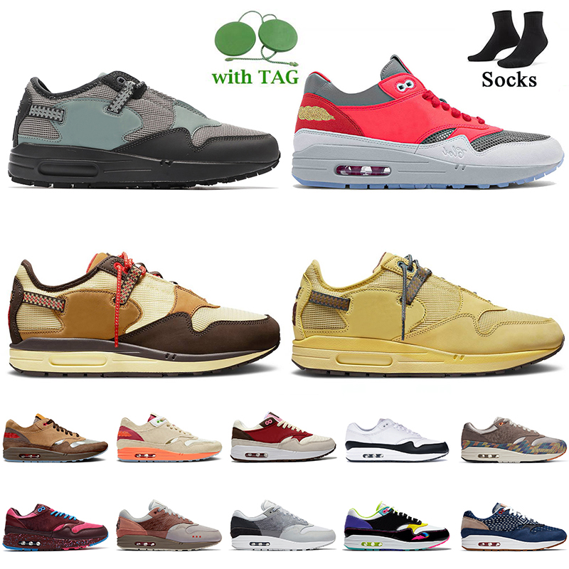 

2022 Top Quality Airs Max 1 Mens Women Running Shoes Travis Scott Cactus Jack Cave Stone Baroque Brown Saturn Gold CLOT Kiss of Death OG Sneakers London Tennis Trainers, A31 clot kiss of death 36-45