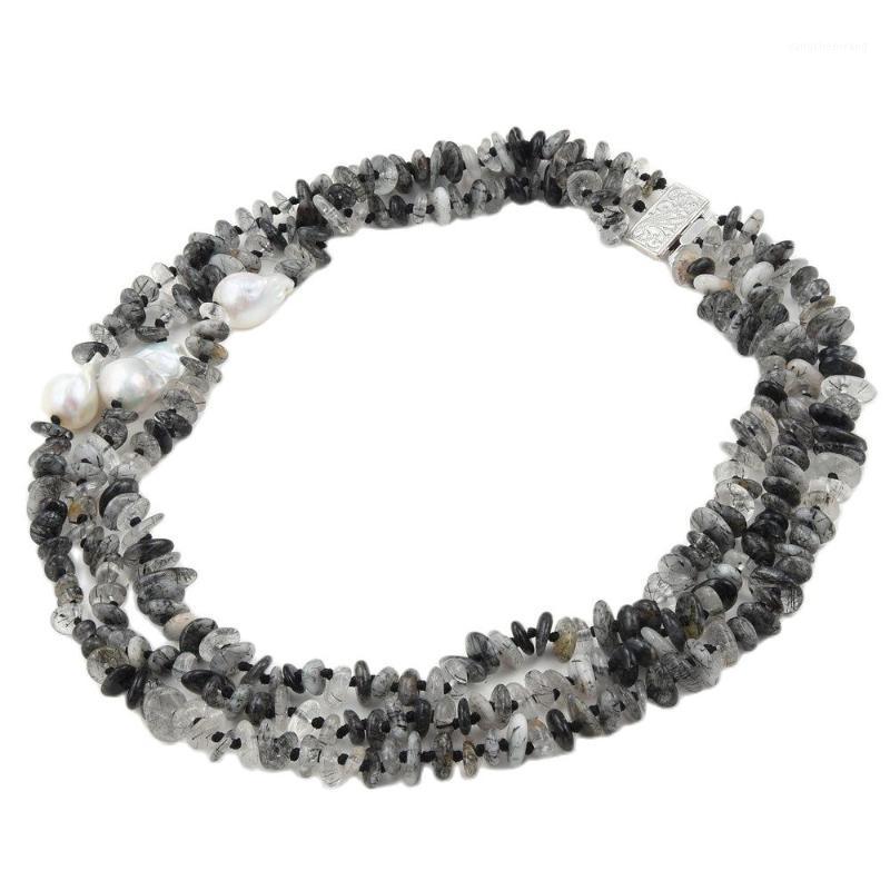 

Chains JK 3 Strands 21''-24" Natural Black Rutilated Quartzs White Keshi Baroque Pearl Necklace For Women