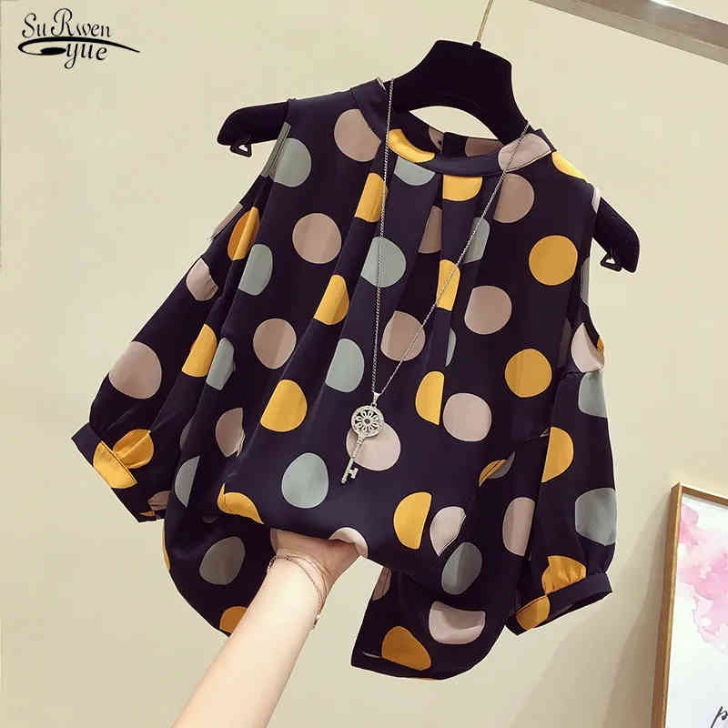 

Plus Size Retro Blouse Women' Summer Korean Fashion Loose Lantern Sleeves Strapless Polka Dot Printed Chiffon Shirt 14504 210521, Black