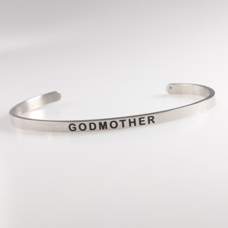 

Bangle 4MM Silver Stainless Steel Engraved GODMOTHER Bracelets Inspirational Positive Quote Cuff Mantra & Bangles