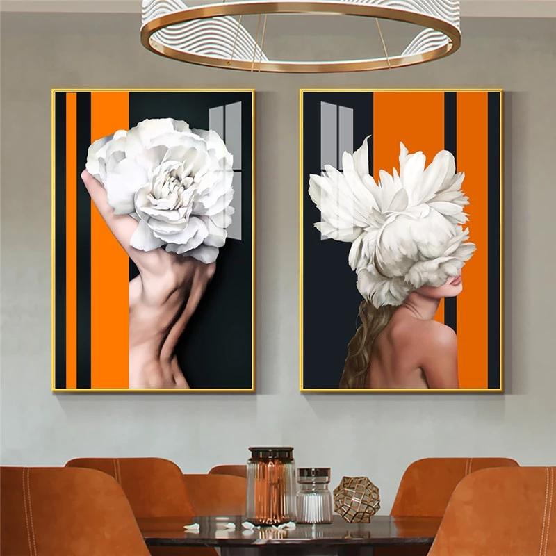 

Paintings Fashion Flower Nude Woman Canvas Pictures Modern Abstract Geometric Wall Art Poster Print For Home Decorative Interior Painting