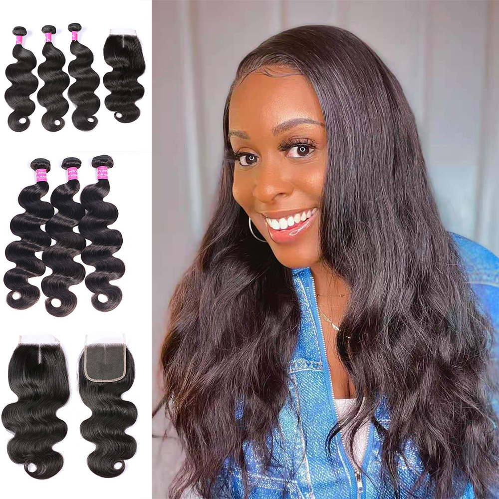 

Wholesale Body Wave 3 Bundles With Lace Closure 4*4 Unprocessed Natural 1B Color Remy Human Bundles Hair Extensions, Natural color