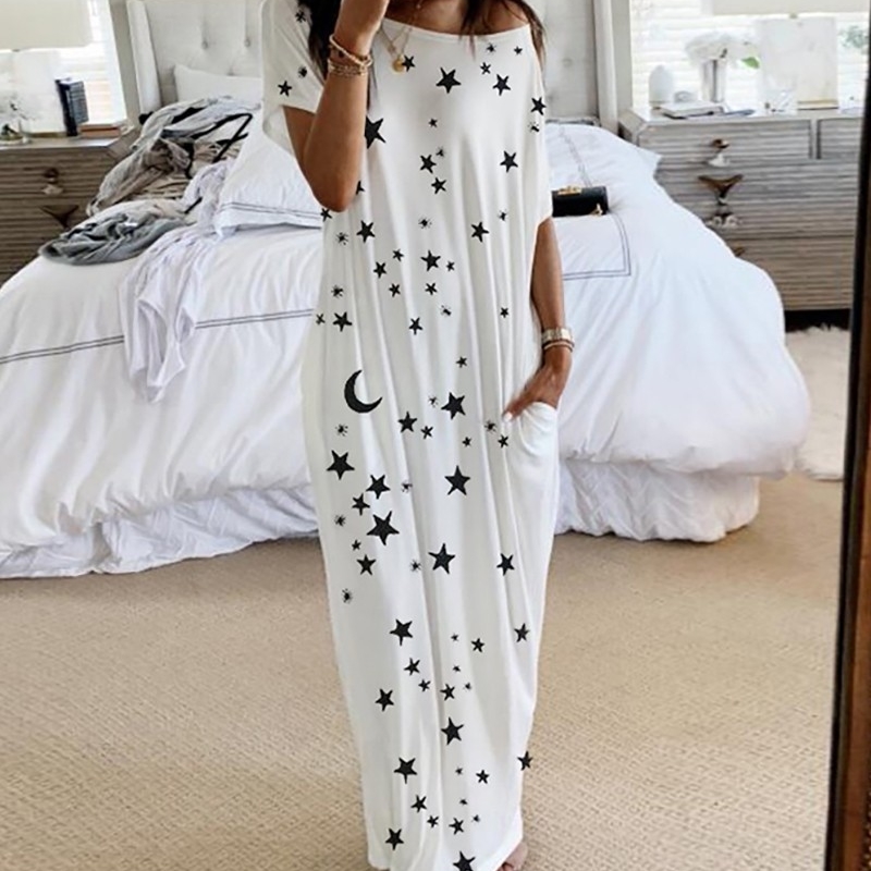 

2020 new women's star moon print short sleeve long dress, Black;gray
