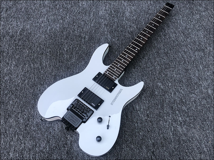 

Custom White Headless Electric Guitar Black Body Binding, China EMG Pickups & 9V Battery Box, Tremolo Bridge