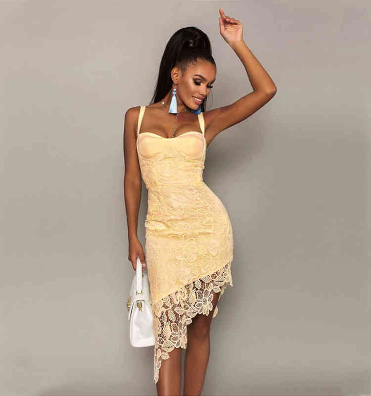 

Casual Dresses suspender Dress Medium Length lace cut-out bandage dress spring E4FW, White