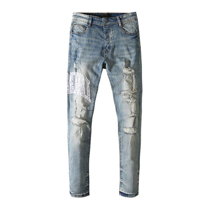 

Men's Jeans Dark Blue Hole Patchwork Leather frosted letter cashew flower European and American leisure