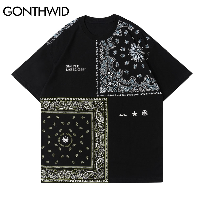 

T-Shirts Streetwear Bandana Paisley Pattern Print Tshirts Hip Hop Harajuku Casual Tees Fashion Short Sleeve Cotton Tops 210602, Black