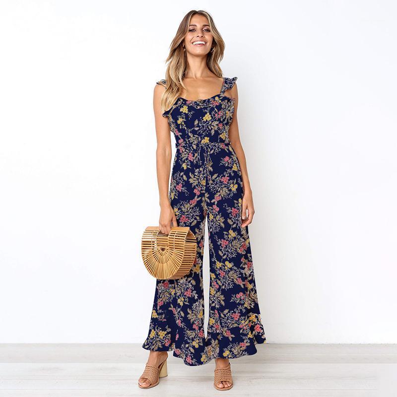 

Women's Jumpsuits & Rompers 2021 Women Jumpsuit Sleeveless Floral Summer Romper Wide Leg Trousers Womens O-Neck Casual Beachwear Outfits, White