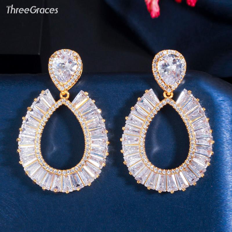 

Dangle & Chandelier ThreeGraces Luxury Geometric White Cubic Zirconia Big Waterdrop Earrings For Ladies Gold Color Party Jewelry Gift ER486, Silver