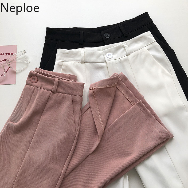 Neploe Summer Wide Leg Pants Women Temperament High Waist Slim Thin Trousers New Bottoms Split Straight Pantalon Female 210422
