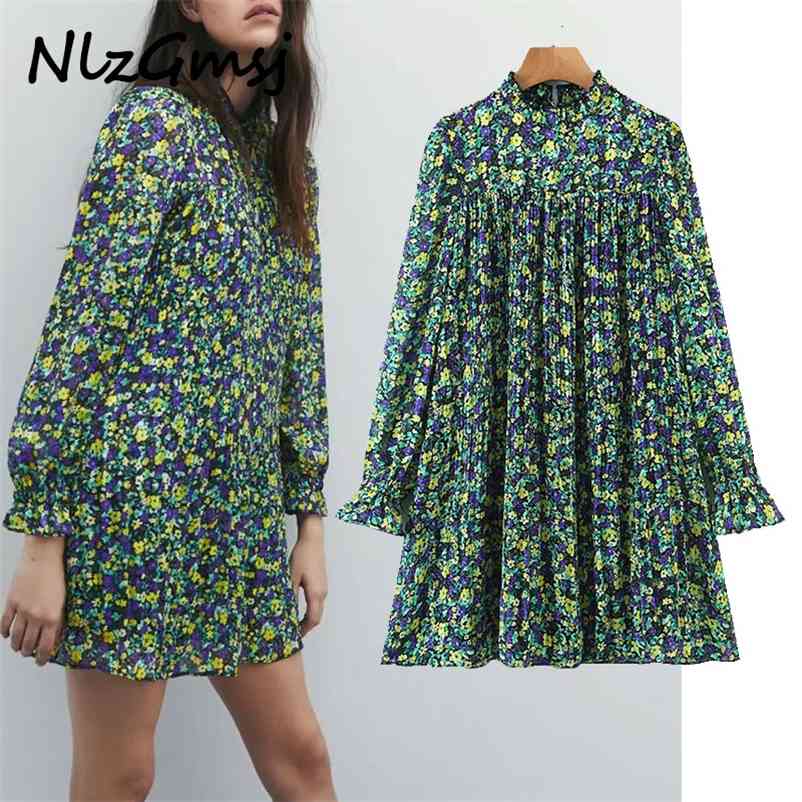 

Dres Green Flowers Pleated Stand Neck Long Sleeve Ladies Vintage Mini Vestidos 210628, As picture