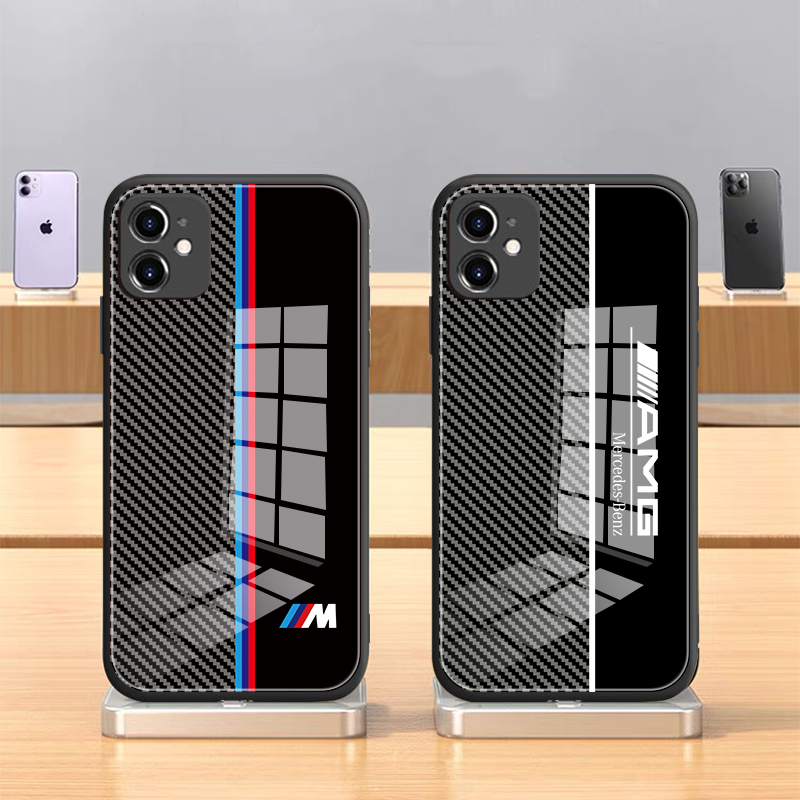 

High Quality for iPhone 12 Pro Max Cases Luxury Carbon Fiber Car Logo Tempered Glass Back Cover 11 Xr 7 8Mobile phone shell, M-sport-01