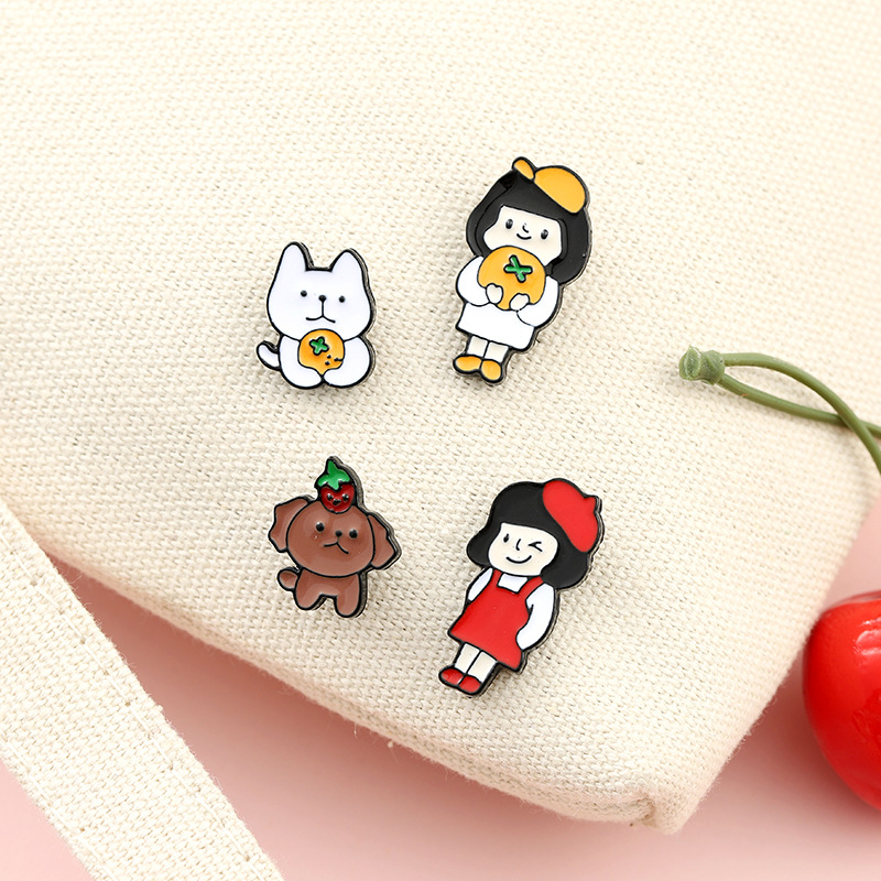 

Japanese Fresh Orange Girl Modelling Brooches Lovely Cat Dog Alloy Collar Accessories For Children Sunhat Schoolbag Badge Pins Wholesale