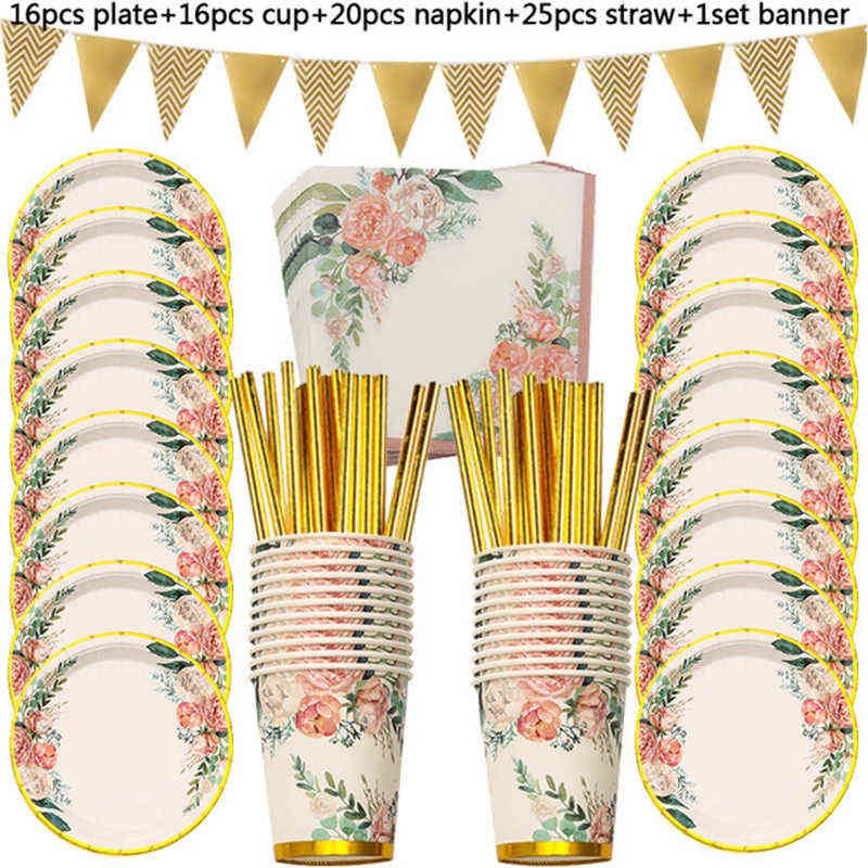 

78pcs Vintage Floral golden Disposable Tableware Set Paper Plates Cups Napkins Adult Birthday Party Tea Party supplies Weddiing Y1104