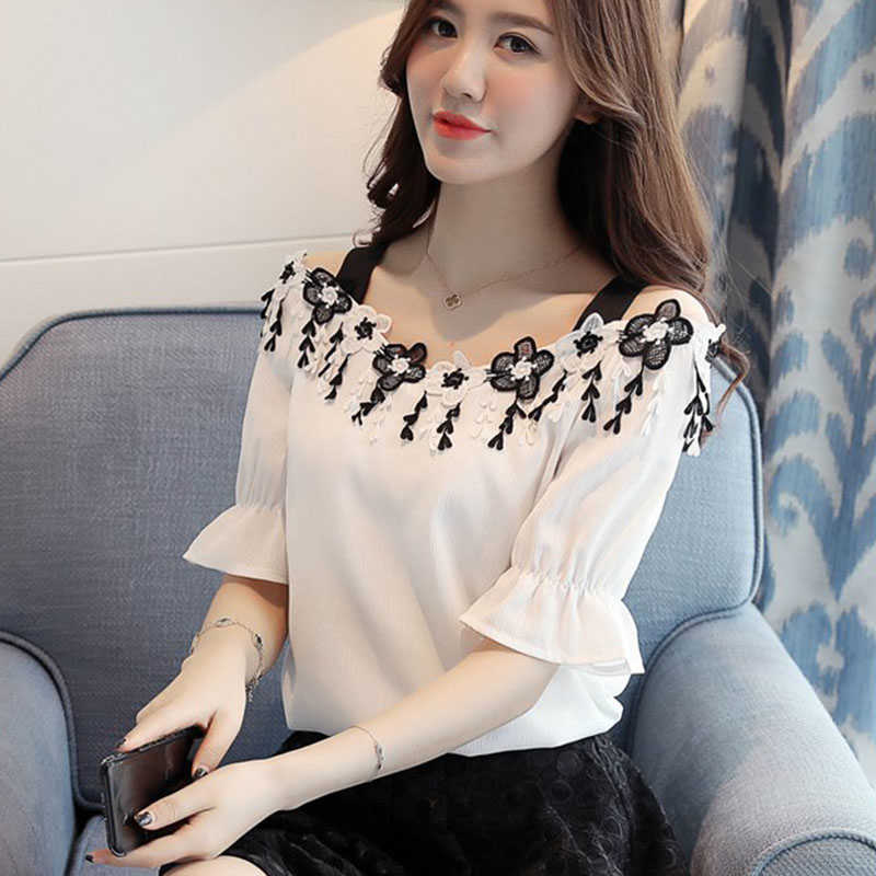 

Summer Fashion Tops Mujer Off Shoulder Chiffon Blouses Elegant Flower Embroidery Tassel Patchwork Blusa Shirts DF1503 210609, Blue