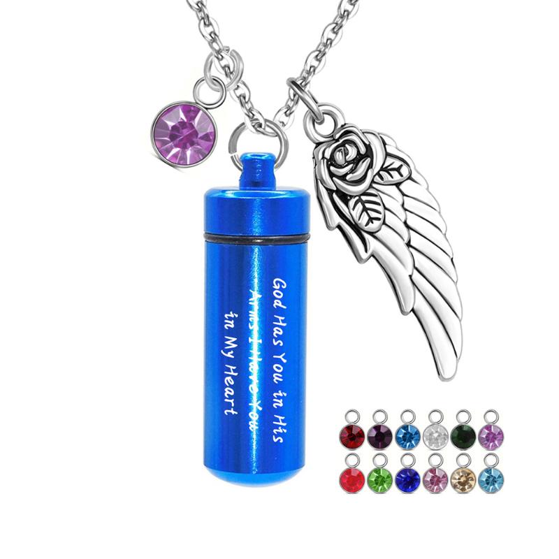 

Pendant Necklaces God Has You In His Arms With Angel Wing Charm Cremation Ashes Jewelry Keepsake Memorial Urn Necklace 12 Birthstone Crystal, Silver