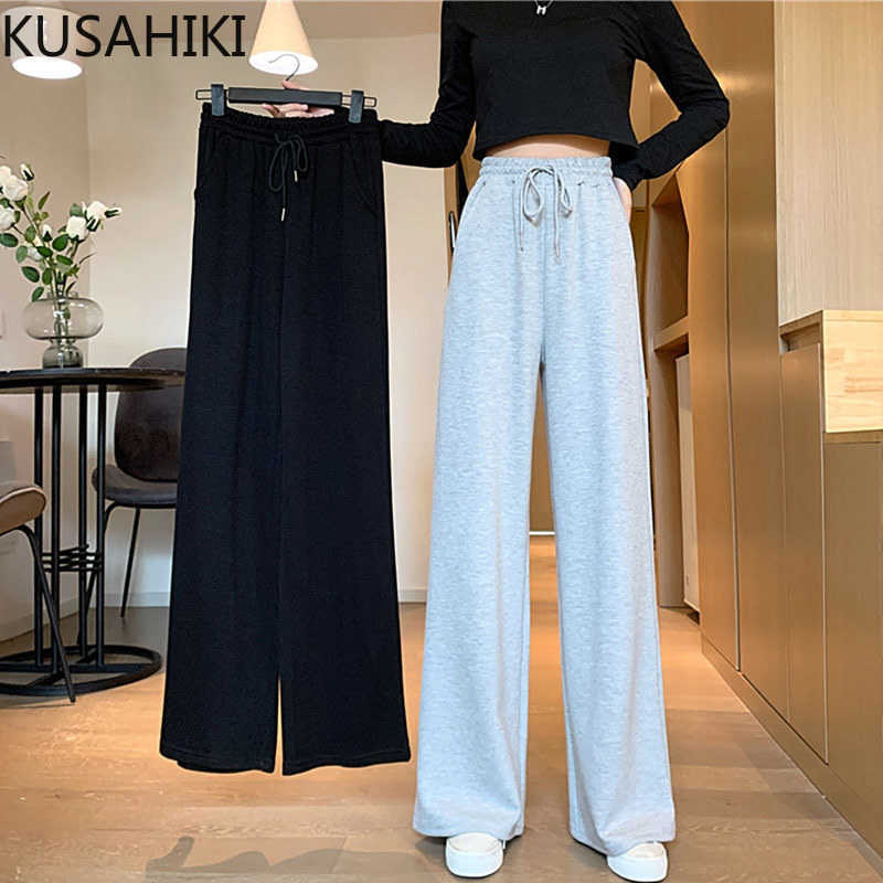 

Spring Causal Women Sweatpant Lace Up Stretch High Waist Long Trousers Korean Solid Wide Leg Pants Mujer 6E312 210603, Gray