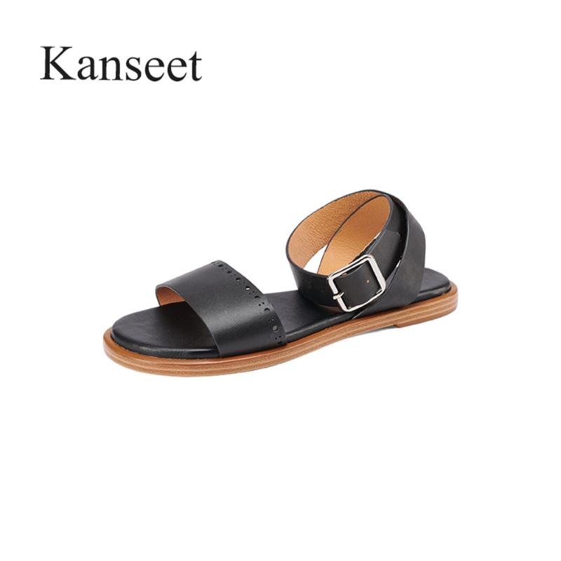 

Sandals Kanseet Open-Toed Casual Footwear Women Summer 2021 Buckle Strap White Black Comfort Flat Heel Female Shoes