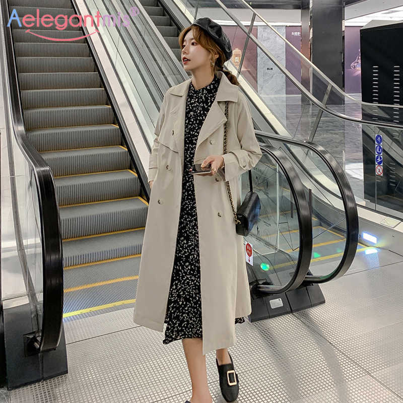 

Aelegantmis Double Breasted Casual Long Women Outwear Autumn Trench Coat With Sashes Chic Women' Windbreaker Female Office 210607, Khaki