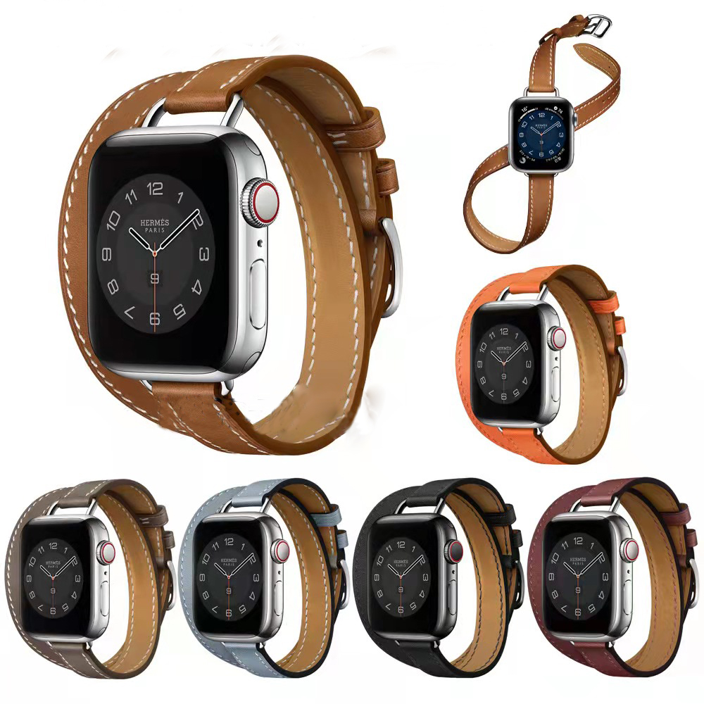 

Double tour Smart Straps for Apple watch band 41mm 45mm 44mm 40mm 42mm 38mm Textured Genuine Leather watchband bracelet iWatch
