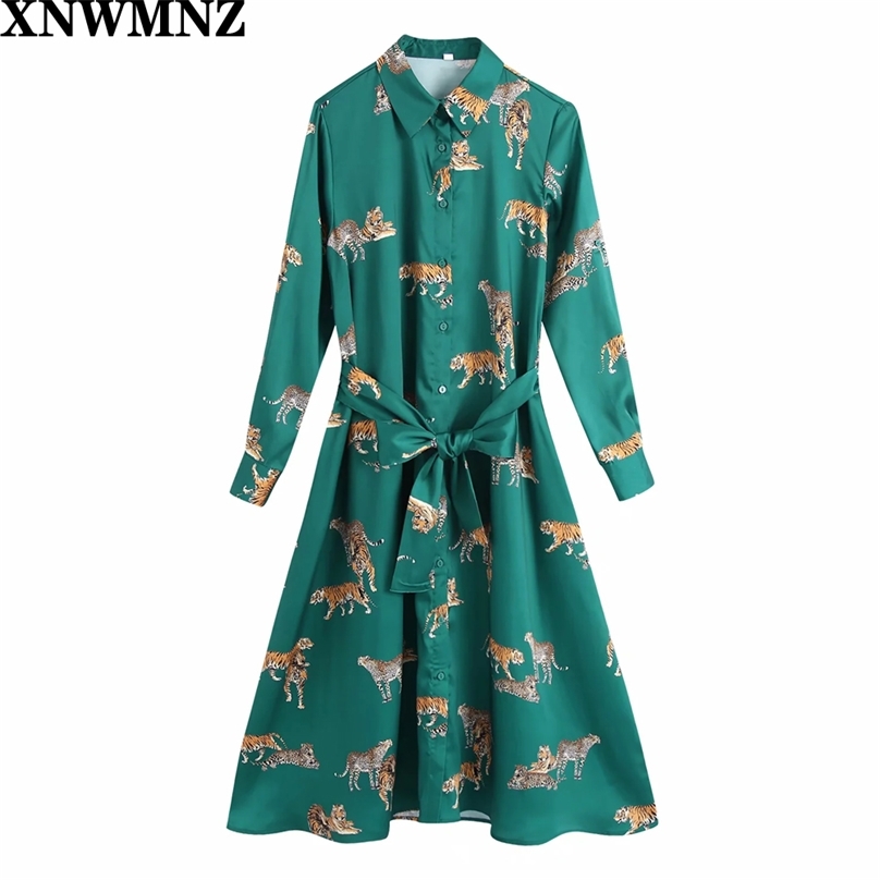 

women Vintage tiger print midi dress Woman long sleeve animal slim waist belt chic party Ethnic style 210520, Brown
