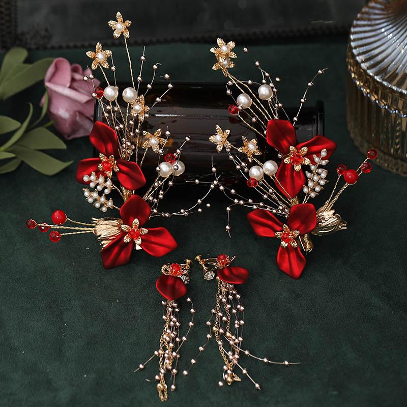

Earrings & Necklace FORSEVEN Vintage Chinese Style Hair Clip Set Red Pin Flower Clips Women Headdress Jewelry JL, As pic