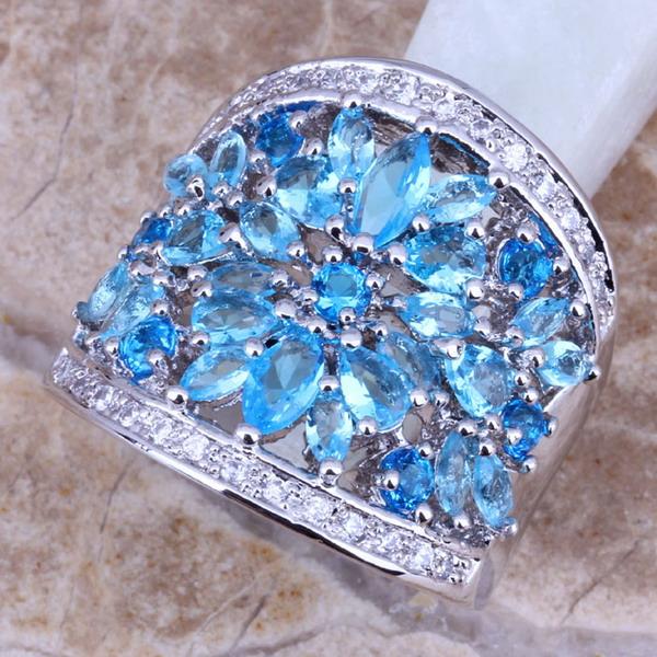 

Cluster Rings Unique Sky Blue Cubic Zirconia White CZ Silver Plated Ring Size 5 / 6 7 8 9 10 S0181