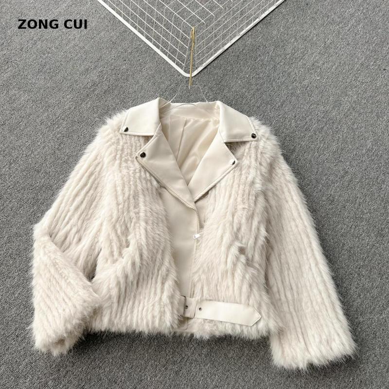 

Women's Fur & Faux Luxury Coat Women Notched Collar Long Sleeve Designer Motorcycle Patchwork Jacket Ladies Winter Clothes Teddy, Black