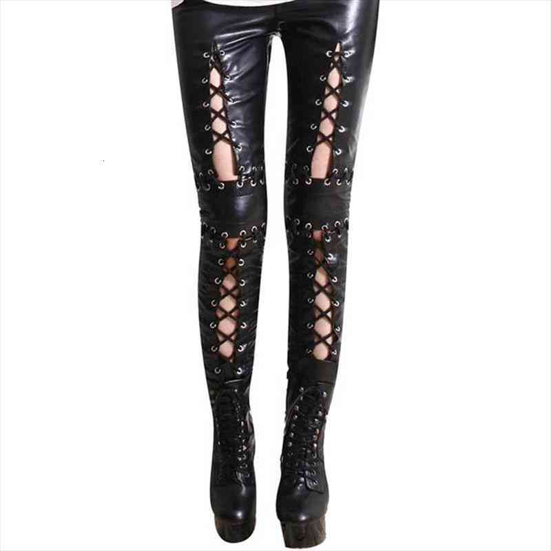 

Womens Black Trousers Skinny Lace Up Pantalon Pencil Sexy Leggings Legins Punk Rock Female Gothic Leather Pants, Black;white