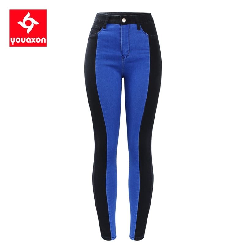 

2131 Youaxon High Waist Jeans Woman Black & Blue Stretchy Side Stripes Denim Skinny Pants Trousers For Women 210708