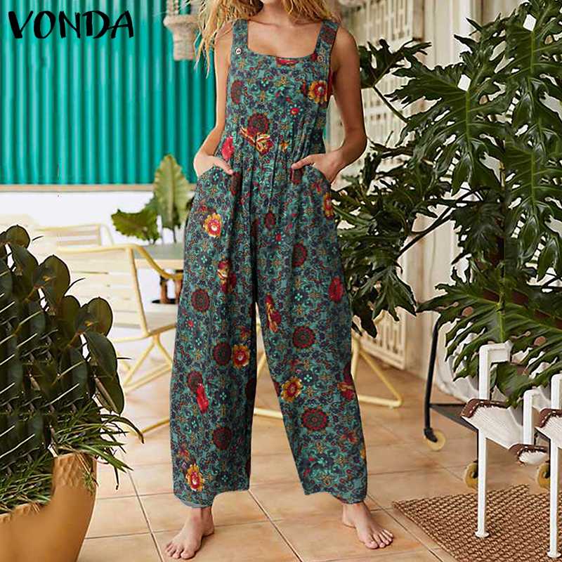 

Women Cotton Rompers VONDA 2021 Summer Sleeveless Wide Leg Overalls Femme Vintage Jumpsuits Casual Floral Rompers Plus Size, Green