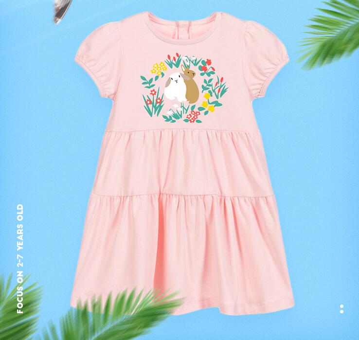 

Summer girl kids Clothes dress Round collar Short Sleeve Rabbit Flowers Ruffles Design dresses charming, Please order as 6 multiple