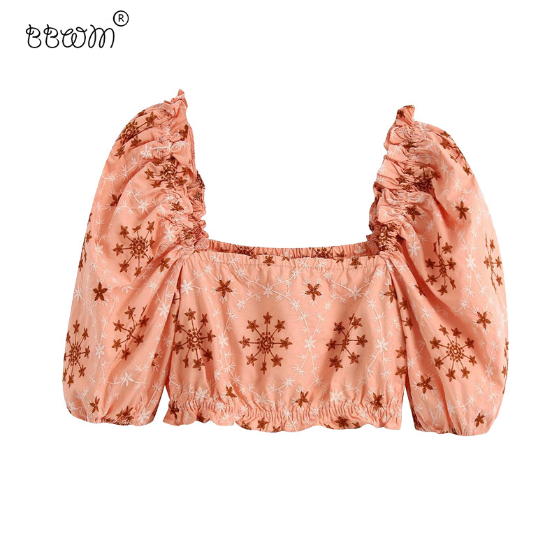 

Women Stylish Chic Embroidery Ruffles Cropped Blouses Vintage Square Collar Puff Sleeves Shirts Female Chic Tops 210520, As picture