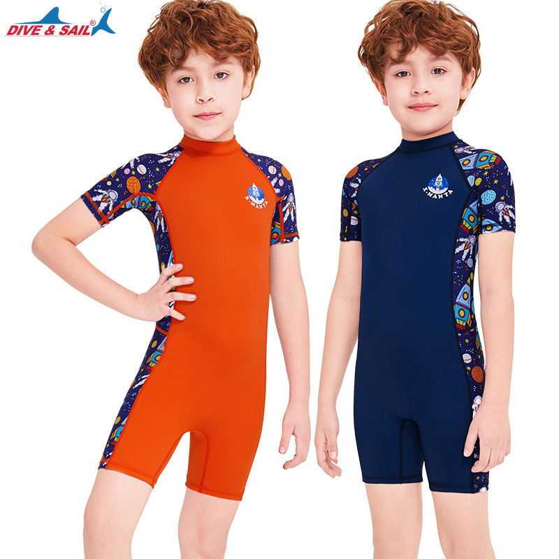 

one-piece summer men's swimsuit sunscreen diving short sleeve shorts children's quick drying jellyfish suit, White;black